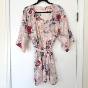 Angelique Vintage Floral‎ Robe & Slip Set Pink Jacquard Lace Trim Large made USA